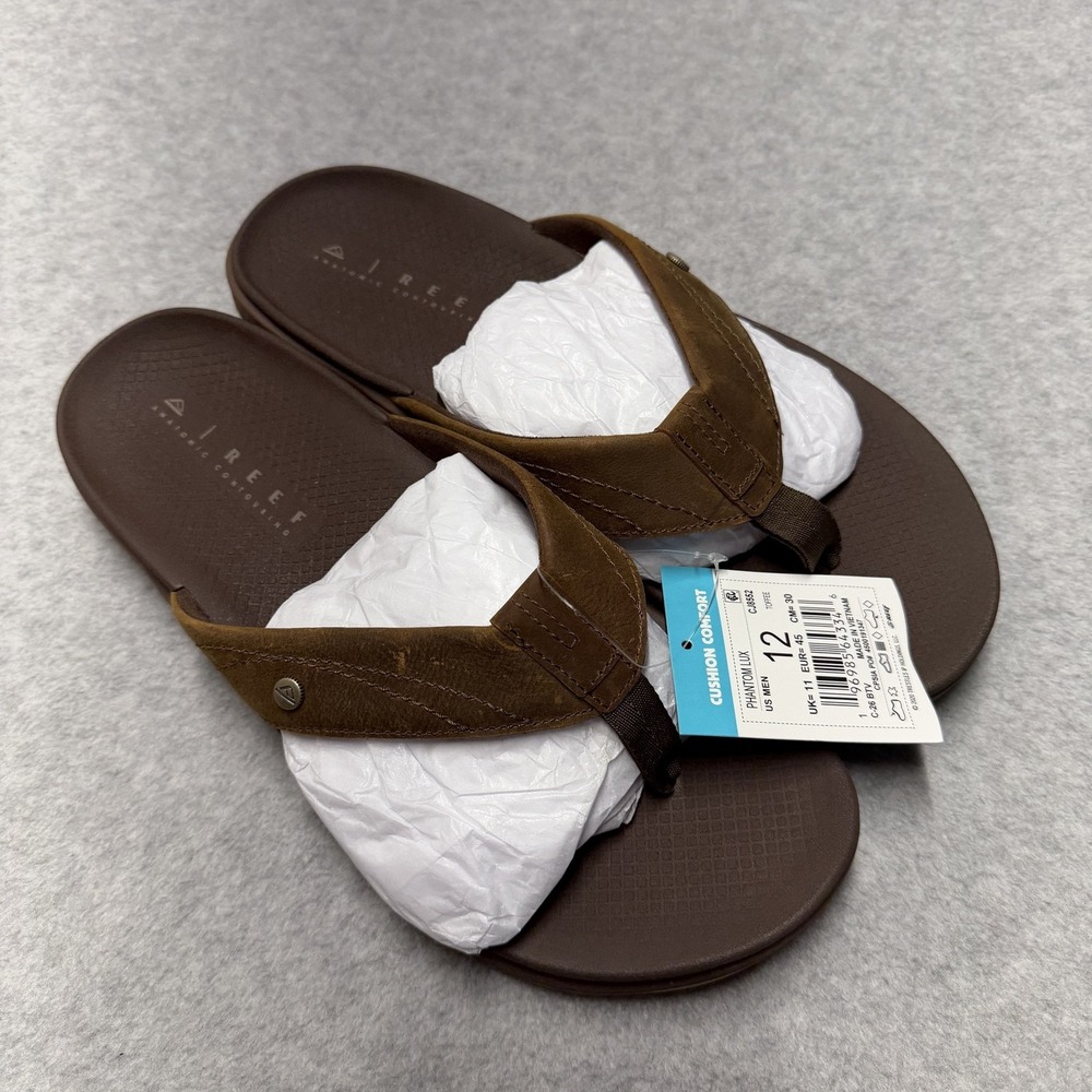 Reef Phantom Lux Sandals Mens 12 Brown Leather Thong Flip Flops Cushion Comfort